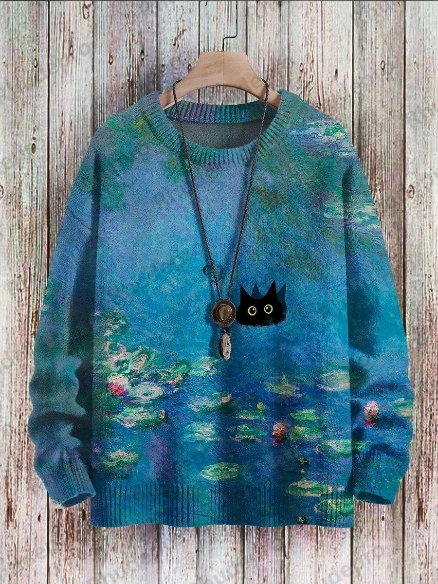Mona Lisa Funny Cat & Rose Dark Crow Pattern 3D Printed Men's Knitted Pullover Winter Unisex Casual Knit Pullover Sweater