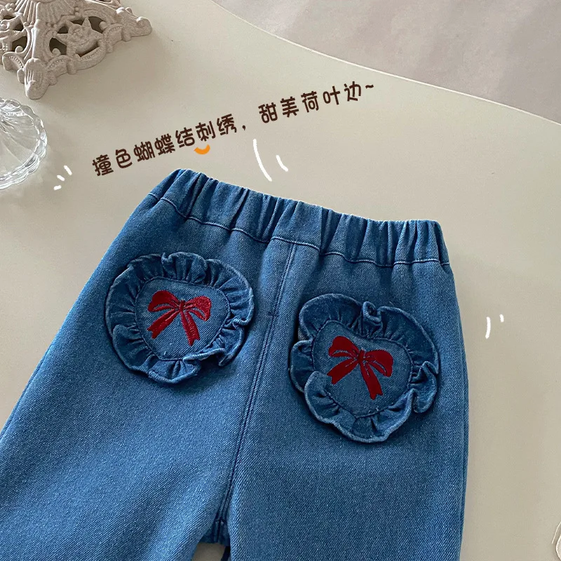 Girls' Thick Jeans 2025 New Winter Baby Love Pocket Casual Pants Children's Bow Pants