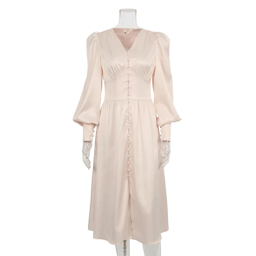 Fashion V Neck Elegant Court Vintage Front Button Midi Dress Satin Party Lantern Long Sleeve Chice Female Solid Vertidos 2025