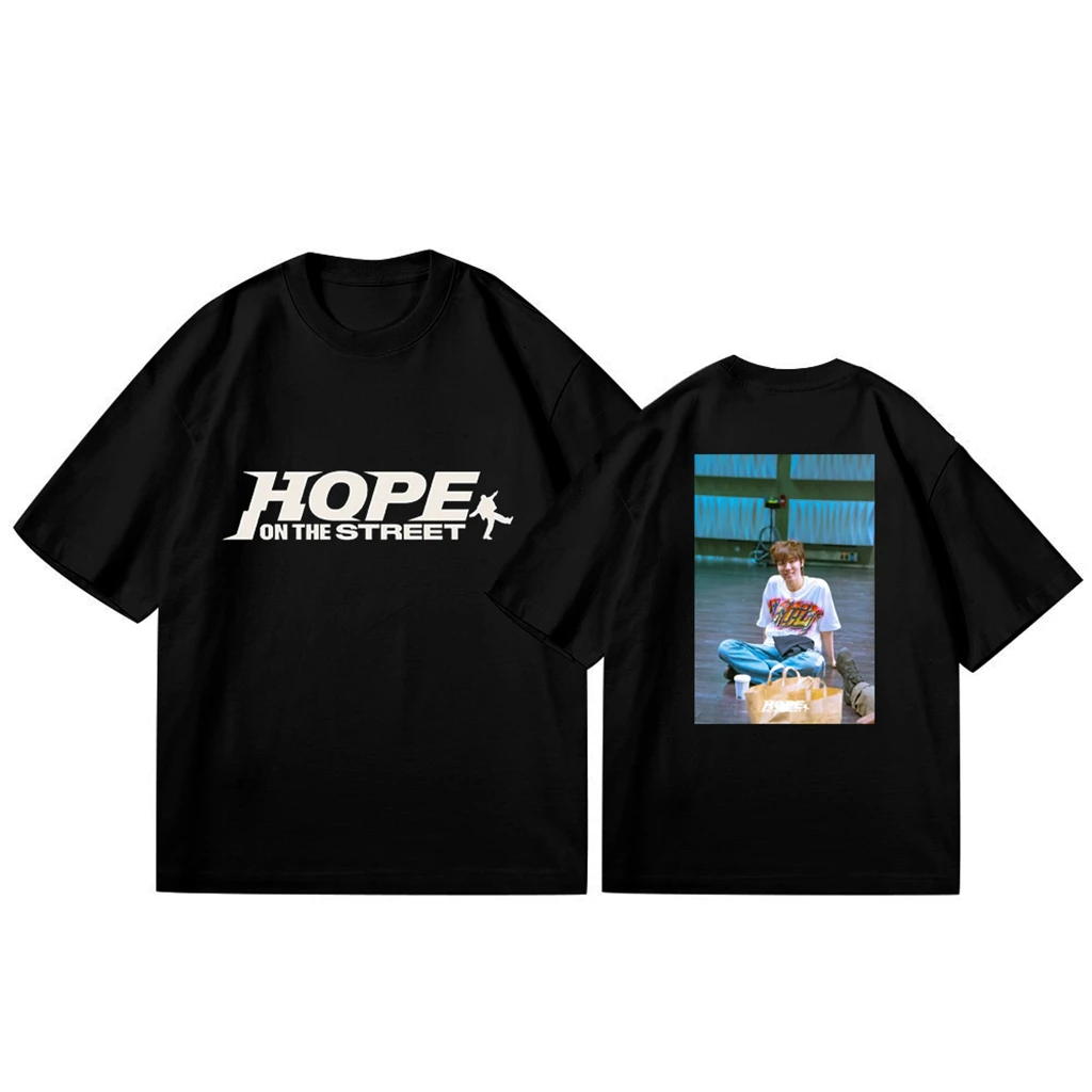 Mode Damen T-Shirt Kpop J-HOPE HOPE ON THE STREET Sommer O-Ausschnitt Kurzarm Casual Paar T-Shirt Top