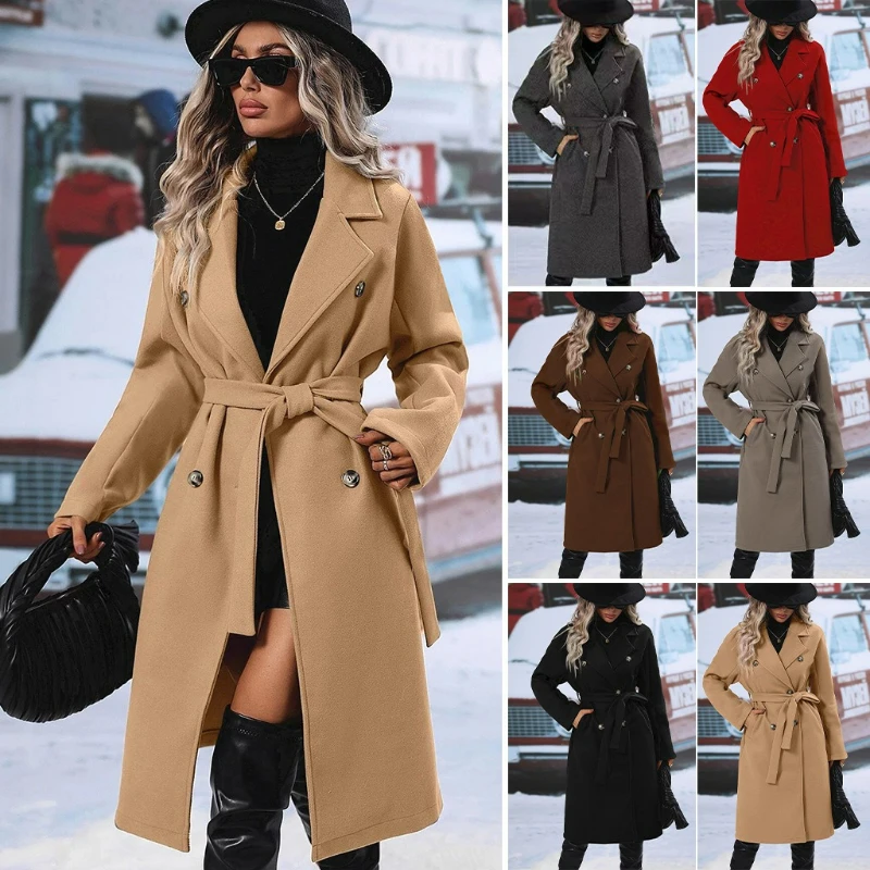 

Women Turn Down Collar Thick Midi Length Wool Coat Pockets Casual Full Sleeve Double Breasted Blends Coats 2025 Autumn Winter