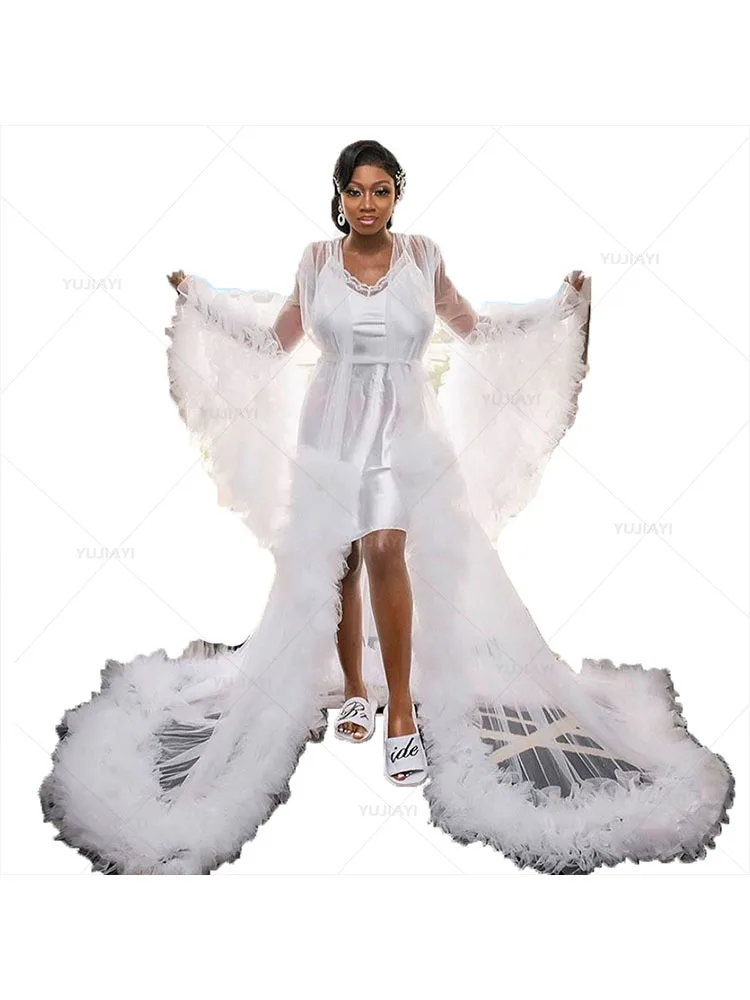 Geschwollene weiße Brautkleid extra flauschige Tüll kleider für Frauen volle Ärmel-lange Hochzeits feier Abschluss ball Kleid Boudoir Pyjama Robe