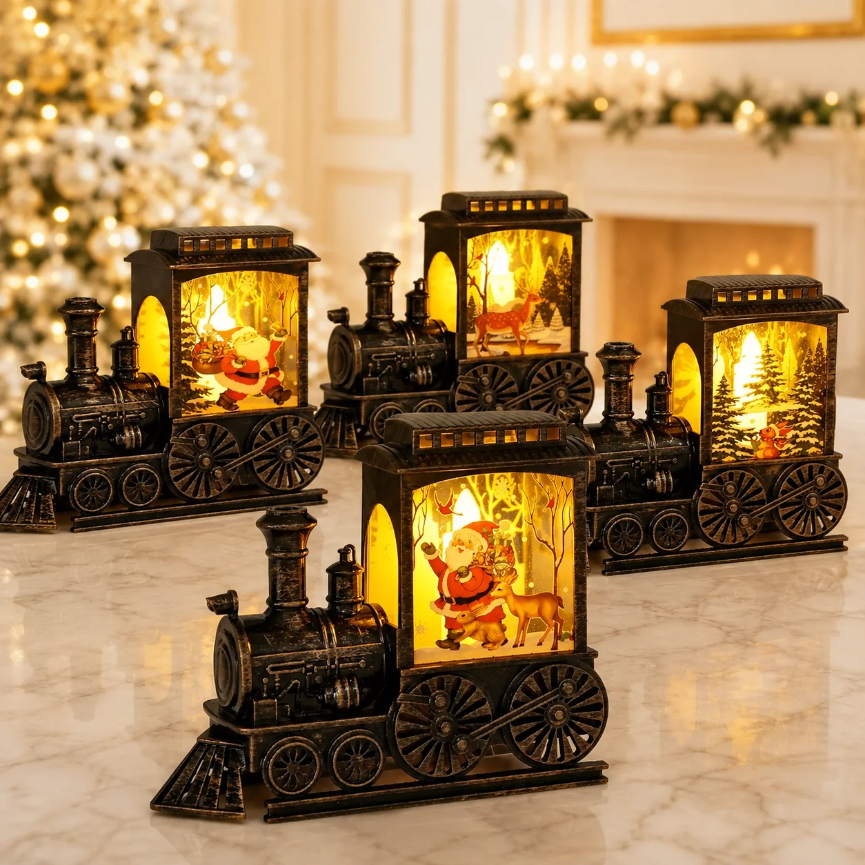 Portable Christmas Train LED Lantern Battery Powered Night Light with Santa Forest Scene for Table Party Home Holiday Decor