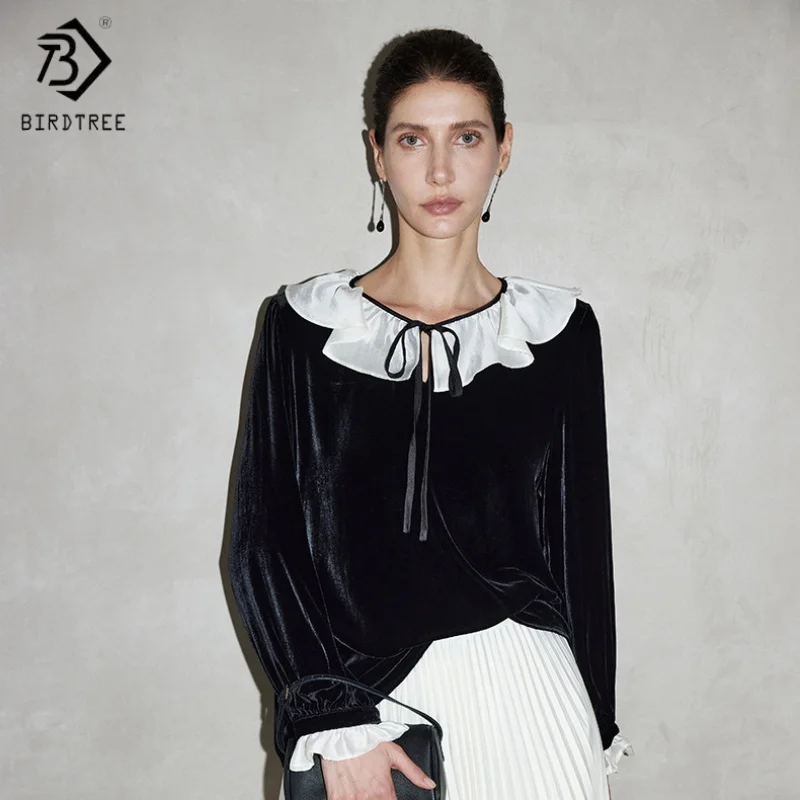 

Birdtree,Base Fabric 100% Silk Velvet Blouse,Women's Full Sleeve Tie Pullover,Elegant Loose Shirt,2025 New T5D830JF