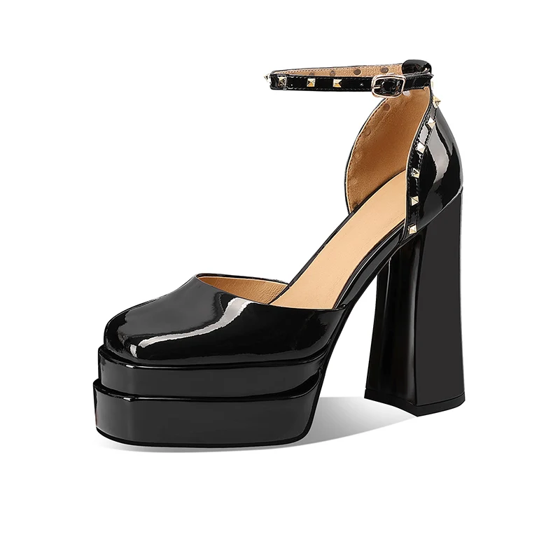 

Arden Furtado Summer Black patent leather hollow Platform Sandals Square toe Super high heel Rivet One word buckle Sandals