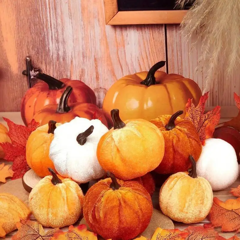 16Pcs Fall Artificial Pumpkins Simulated Velvet Foam Pumpkin Thanksgiving Halloween Decoration Autumn Table Centerpiece Ornament