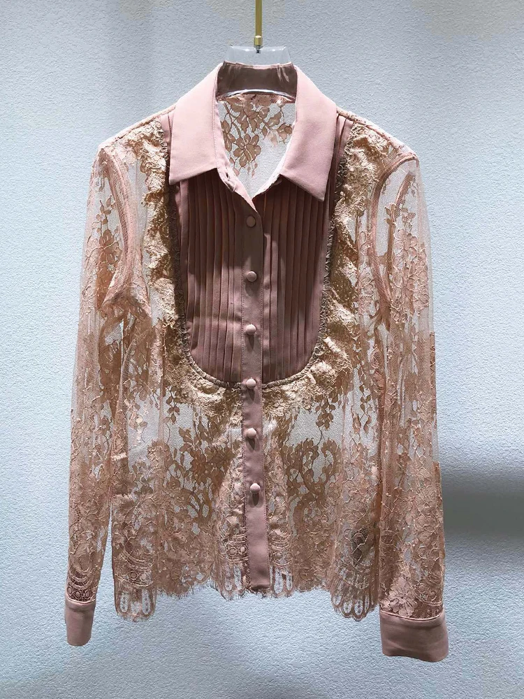 AELESEEN Runway Fashion White Blouse Women Summer Turn-down Collar Lace Patchwork Pleated Hollow Out See-Through Shirt Top