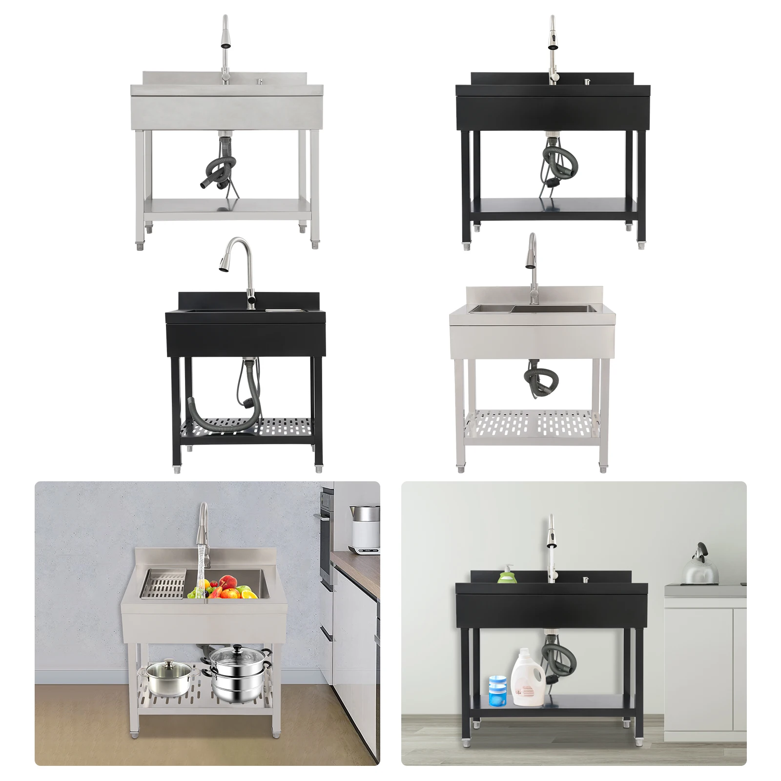 Évier utilitaire autoportant en acier inoxydable 75x42cm/55x36cm, éviers pour linge et salle utilitaire, bol simple rectangulaire noir/argent