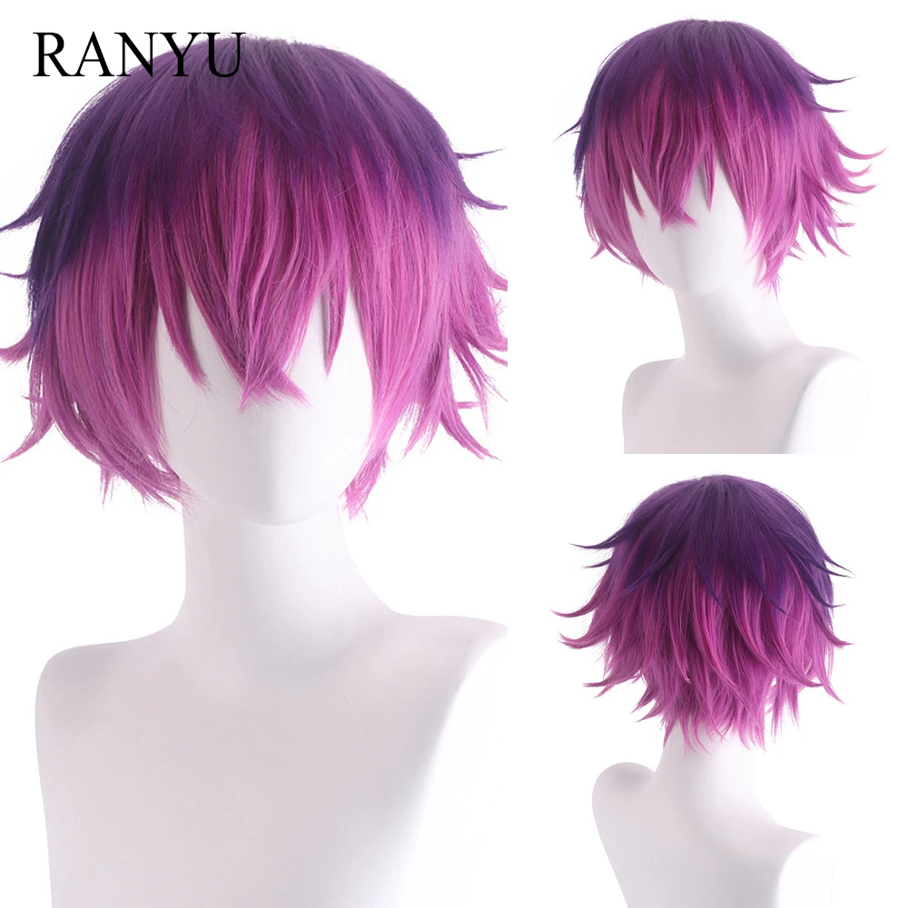 RANYU Short Men Women Straight Wigs Ombre Gradient Purple Black Brown Flaxen Anime Cosplay Hair Wig for Daily Party