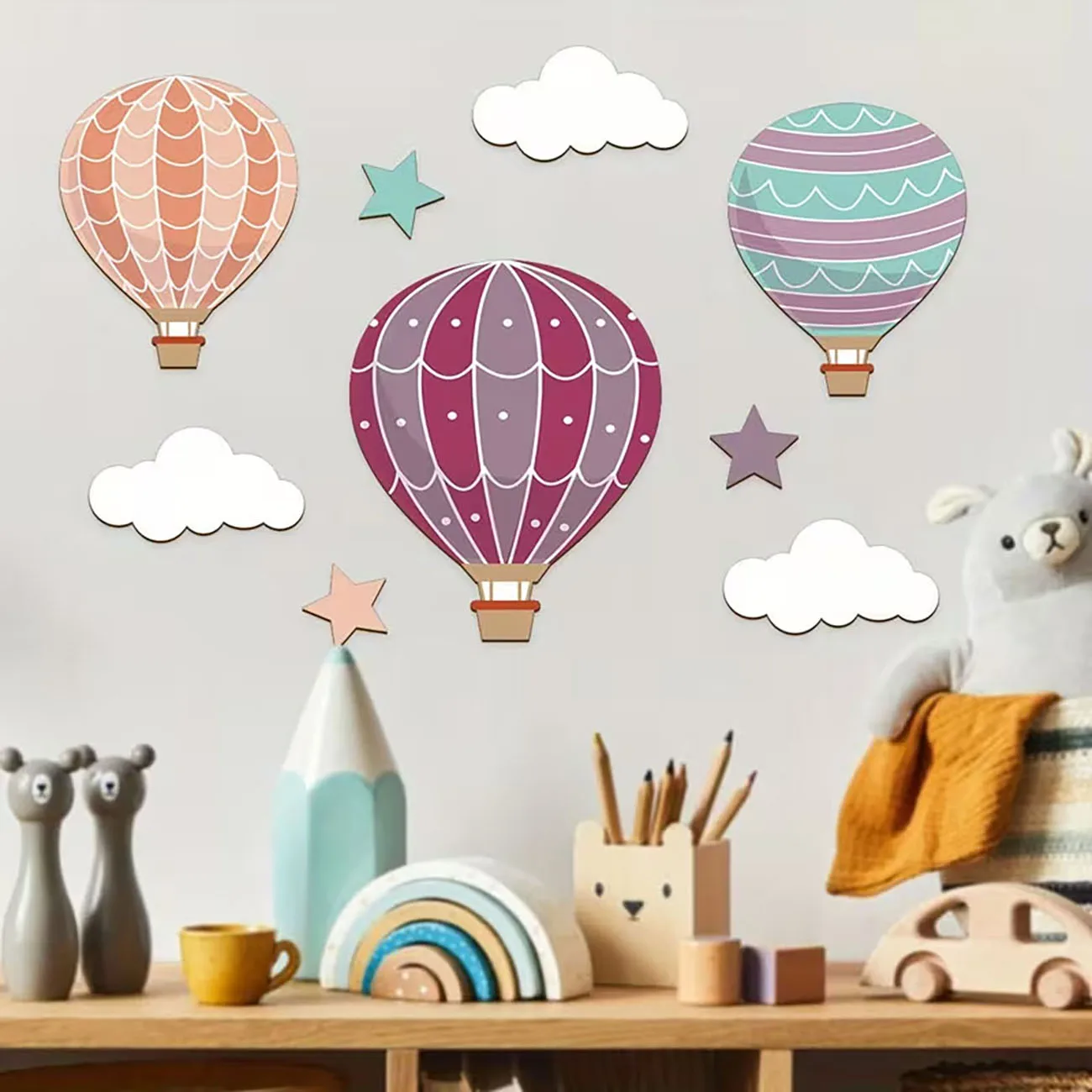 Hot Air Balloon Cloud Star Wooden Wall Decor with Nano Tape No Drilling for Nursery Kids Bedroom view 3