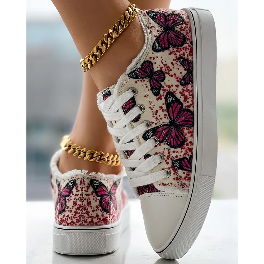 Fashion Women Autumn Going Out Butterfly Embroidery Raw Hem Lace-up Sneakers Femme Casual Flats Sports Shoes