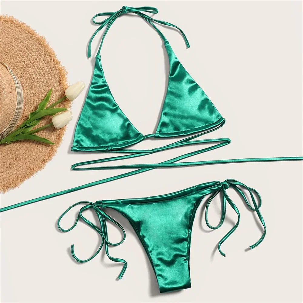 Green Satin Bikini Micro String Backless Swimsuit Extrem Swimwear Women Triangle Tanga Y2K Beach Bathing Suit Luxury Bikinis Set