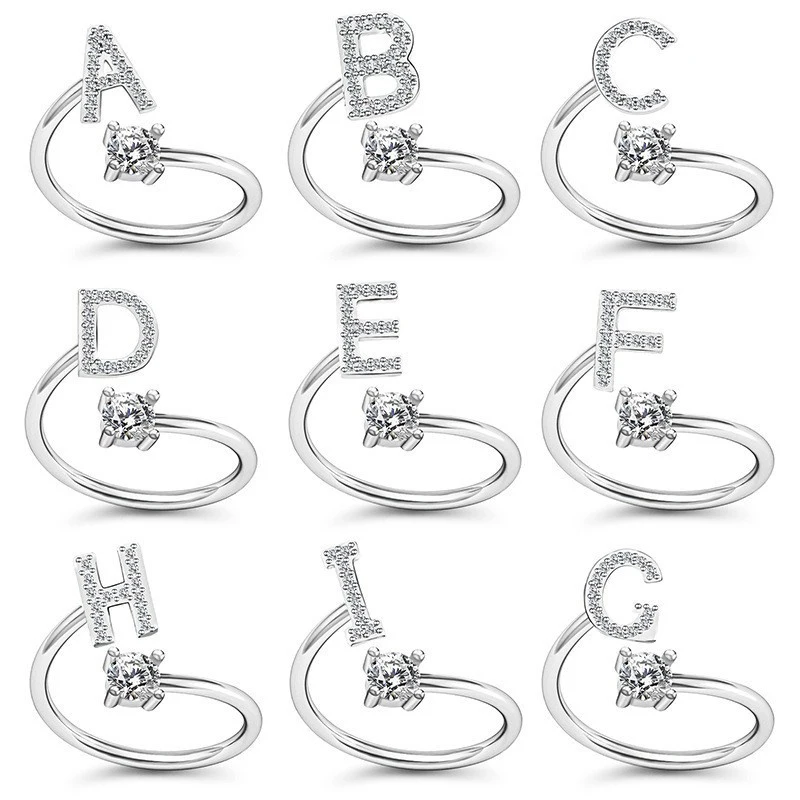 New Fashion Initial A-Z Alphabet Opening Ring Shining Rhinestone 26 Letters Adjustable Rings For Women Charm Jewelry Gift