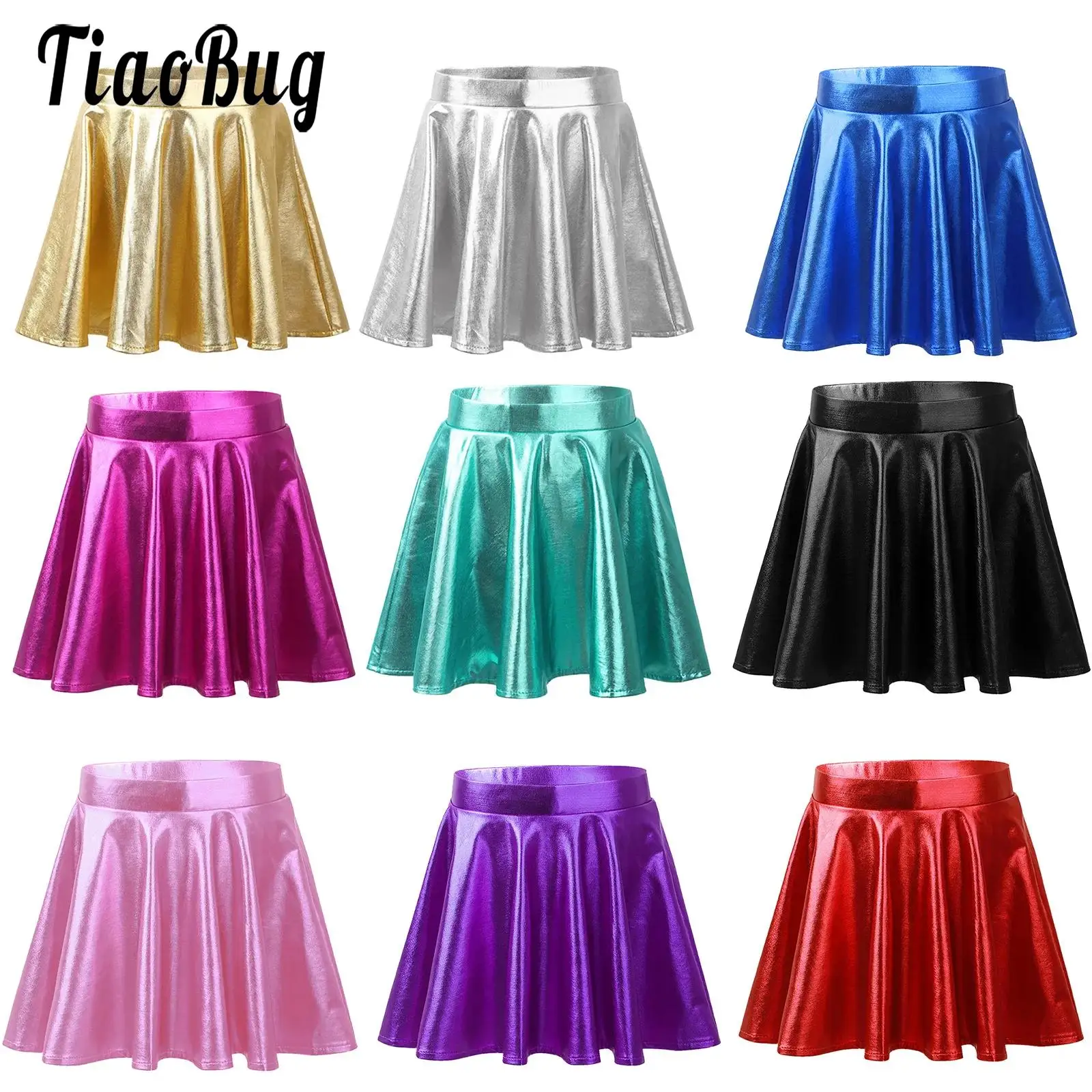 Kid Girls Flared Pleated Skirts Modern Street Dance Skater Skirt Solid Color Metallic Scooter Skirt with Shorts Athletic Costume