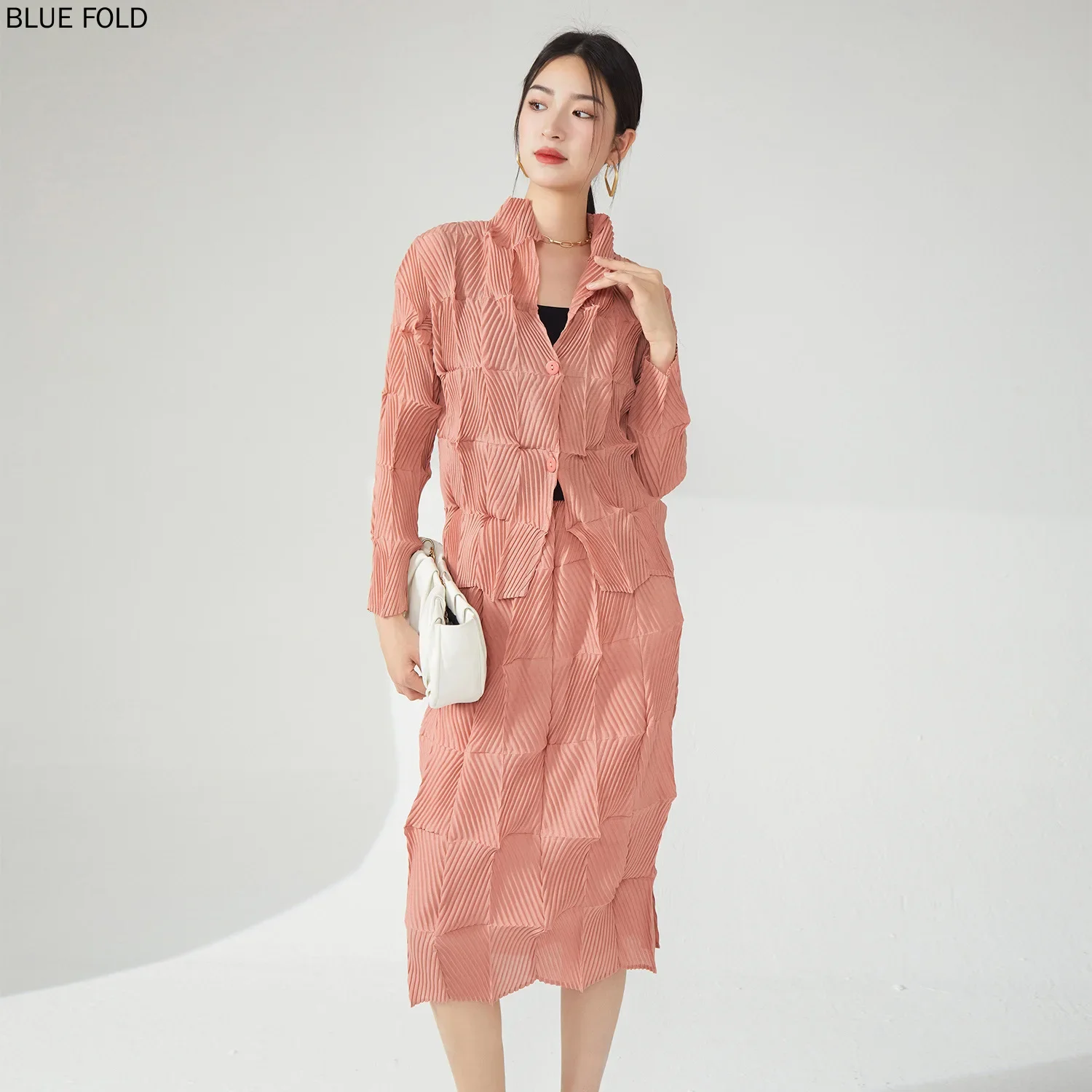 Miyake Pleated Suit Skirt for Women, Single-Breasted Shirt, Straight Skirt, High-end, Elegant, Autumn and Winter, 2-Piece Set