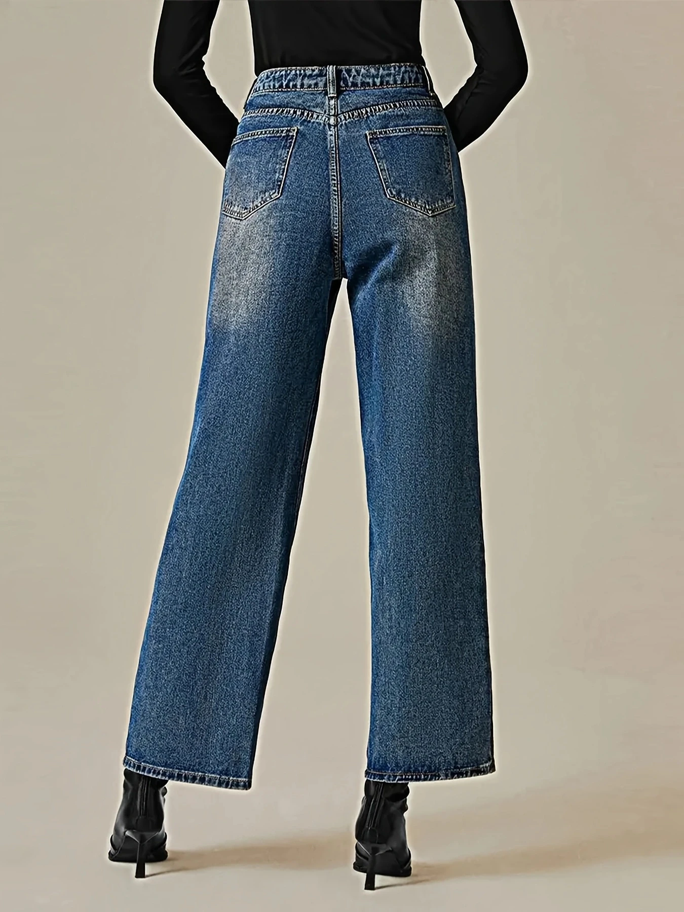 Vaqueros de pierna ancha con rayas laterales lavados azules clásicos de cintura alta para mujer, pierna recta sencilla y moderna