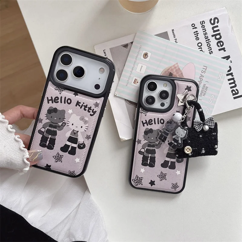 

Fashion black HelloKitty Phone Case For iPhone 17 Pro cases leather 16 15 14 Pro Max Back Cover with Mirror Stand Shockproof Cut