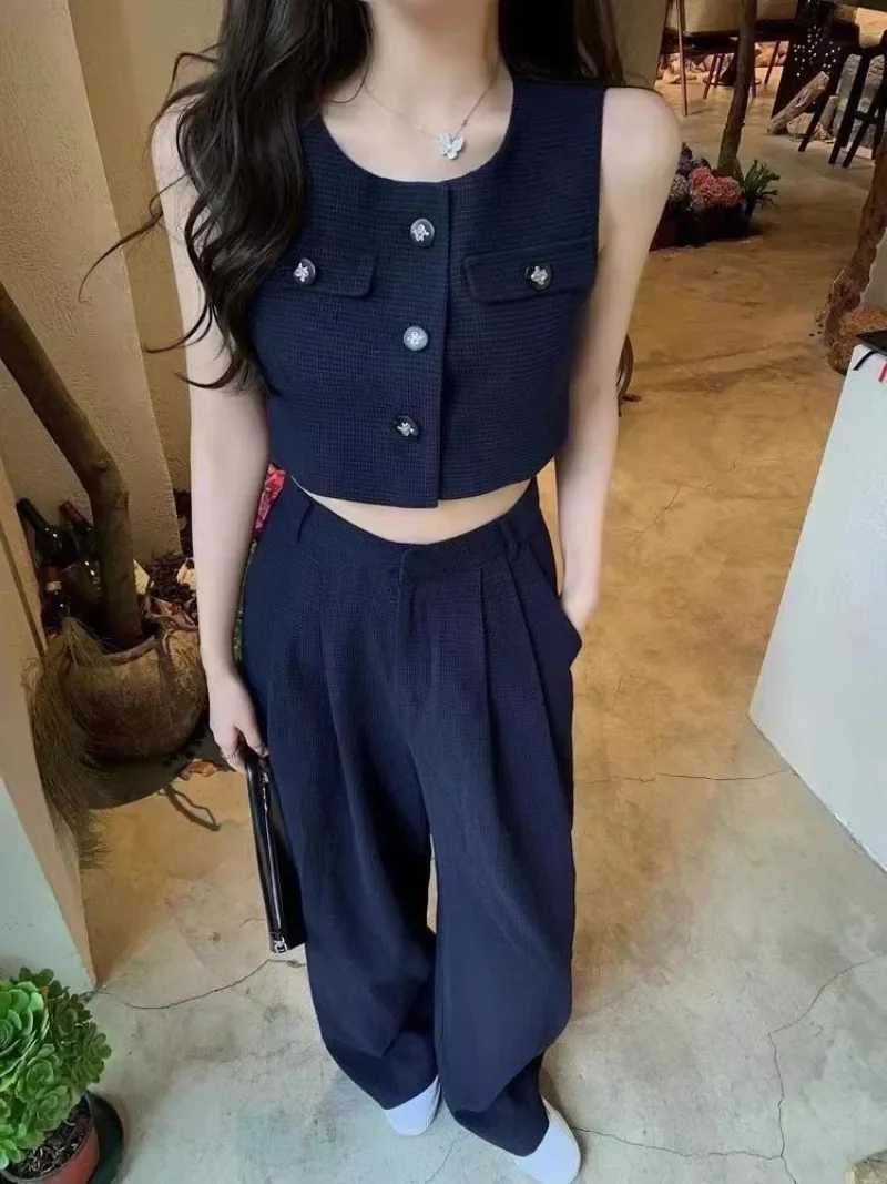 

Sweet Hot Girl Casual Suit Women's Summer Sleeveless Vest Top High-waisted Wide-leg Pants Two-piece Set Fashion Female Clothes