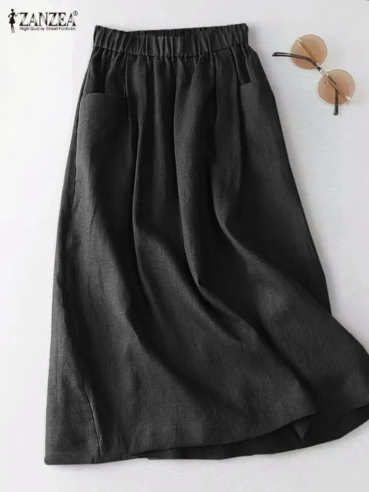 ZANZEA Holiday Midi Skirt Elastic Waist Side Pockets Faldas Saias Jupe 2023 Summer Women Cotton Skirt Casual Solid A Line Skirts