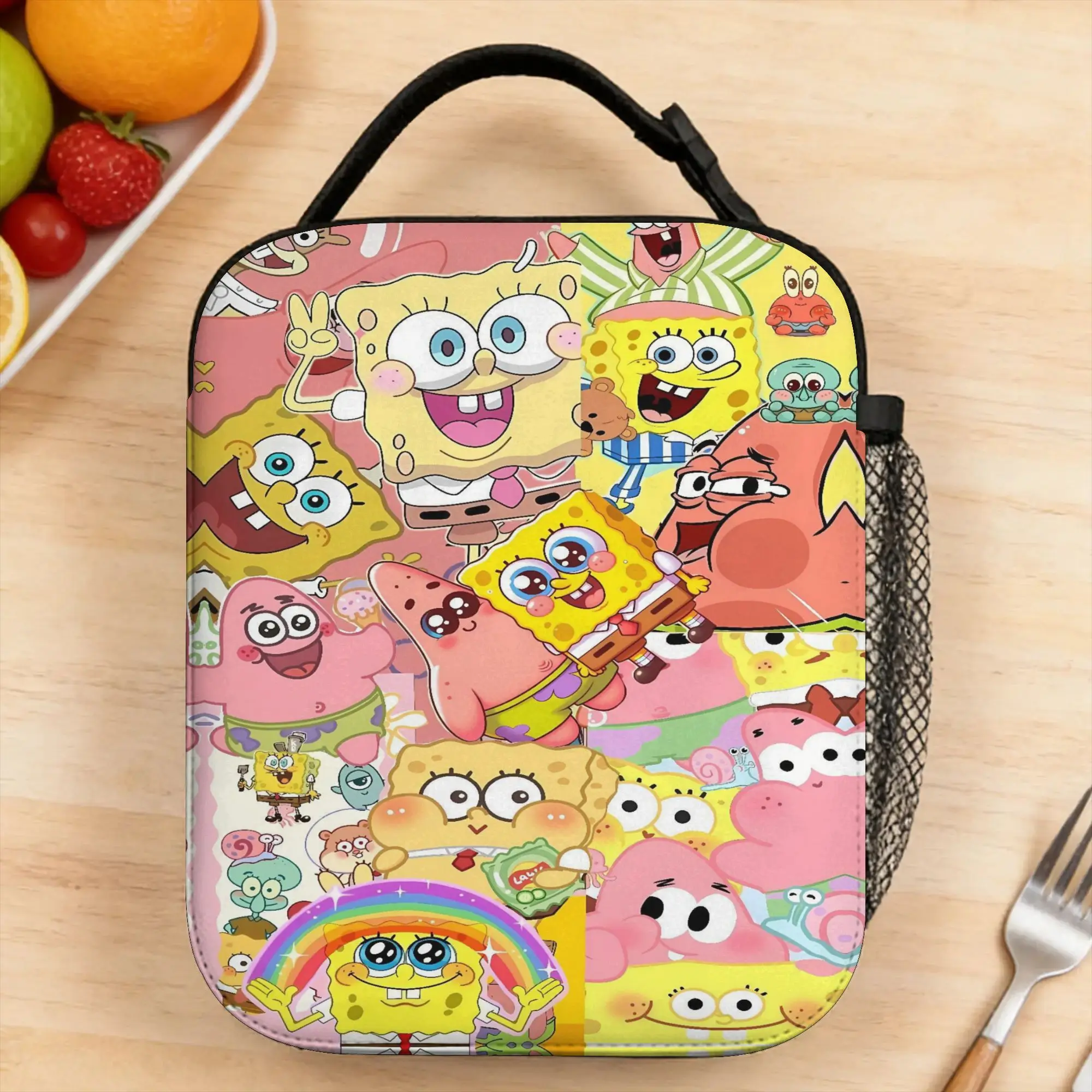 S-SpongeBobed Pink Tone Cute Group Collage Lunch Bag For Women  Print School Lunch Box Leisure Portable Oxford Cooler Bag