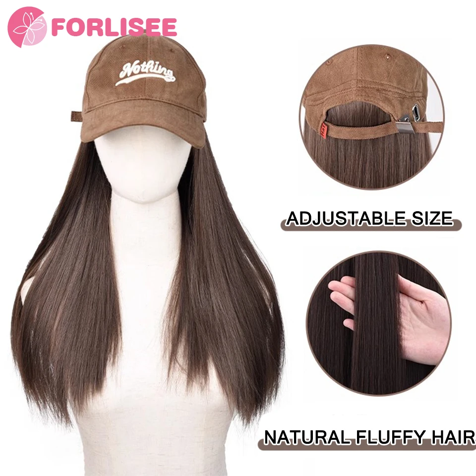 Forlisee 18 Polegada longa reta peruca sintética boné de beisebol extensões de cabelo chapéu perucas legal marrom ajustável peruca para mulher