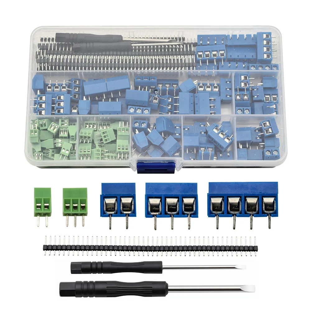1Box Screw PCB Terminal Block 2.54mm 5.08mm Pitch 2P 3P 4 Pin Connector Straight 40P Single Row Male Pin Header and Screwdriver