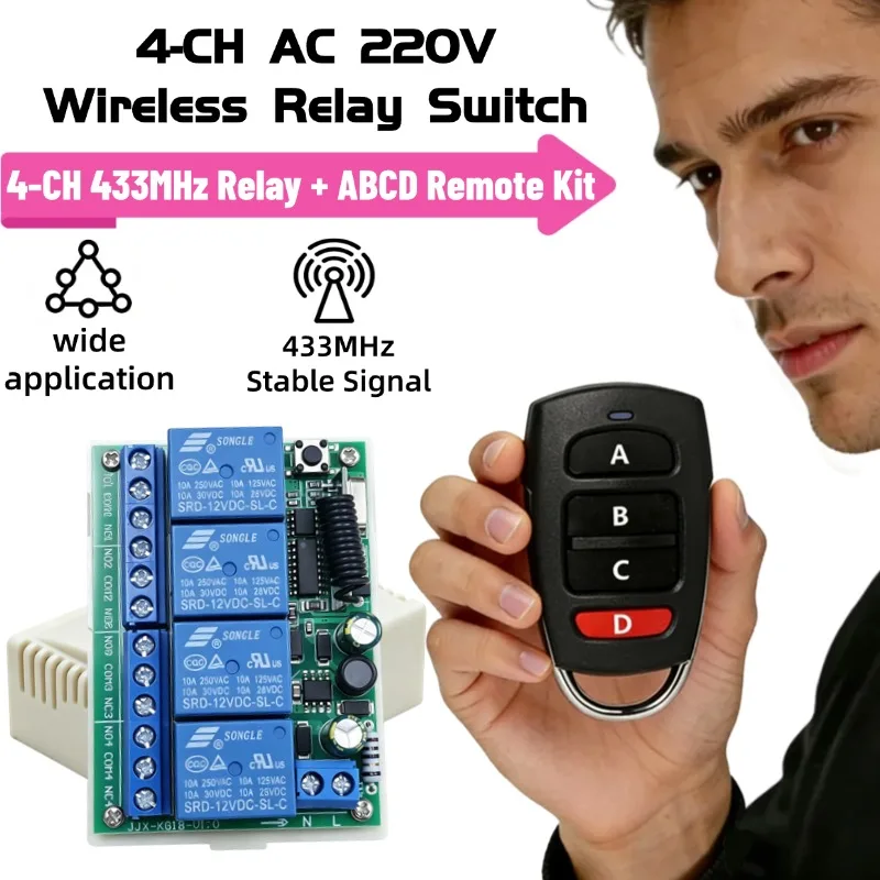 433Mhz Universal Wireless RF Remote Control Switch AC 220V 4Channel Relay Receiver and Transmitter for Garage Gate Motor Led