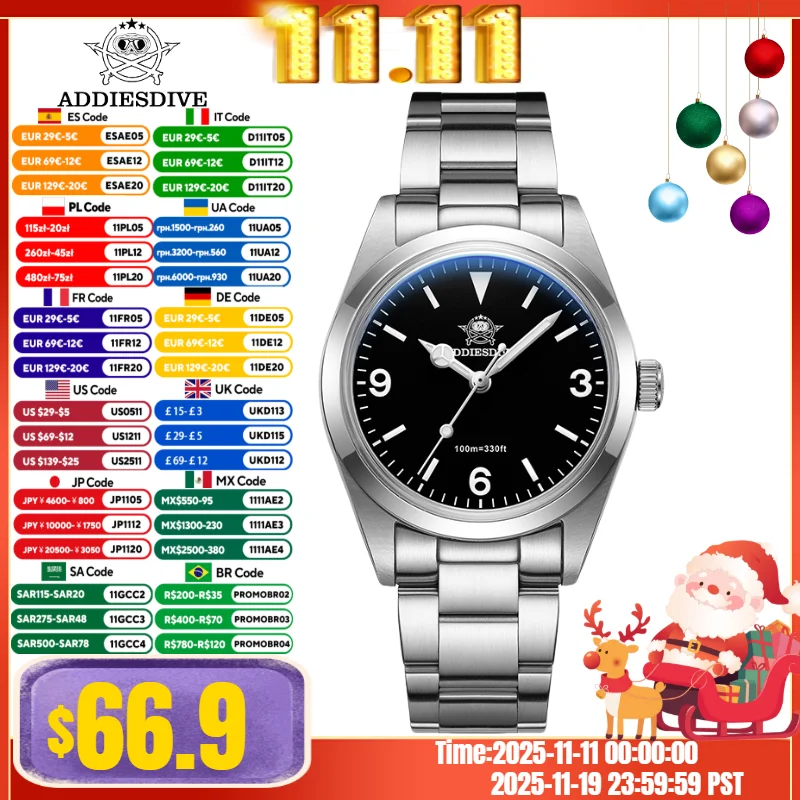 

ADDIESDIVE 36mm Men's Luxury Watch VH31 Reloj Hombre Sapphire Glass BGW9 Super Luminous 10Bar Waterproof Fashion Quartz Watch