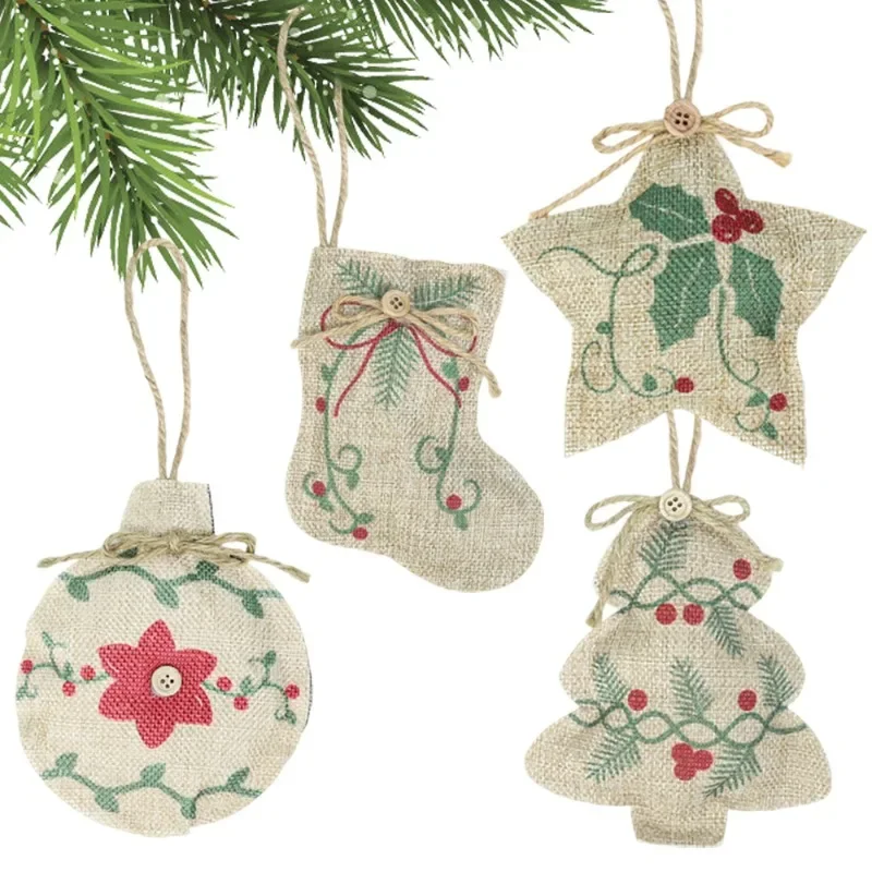 Christmas Printed Pentagram Pendant Linen Pendant Printed 5-Pointed Star Decoration Home NewYear Party Xmas Tree Window Ornament