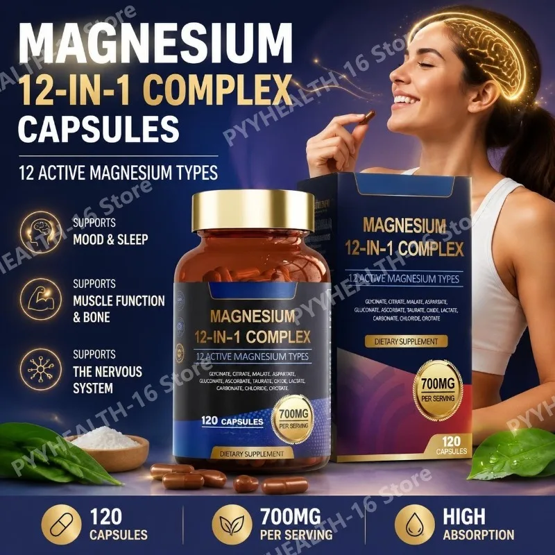 Magnesium Glycinate 12-in-1 Complex, Sleep & Mood Support, Muscle & Bone Health, Citrate Malate Taurate, 120 Capsules, Non-GMO