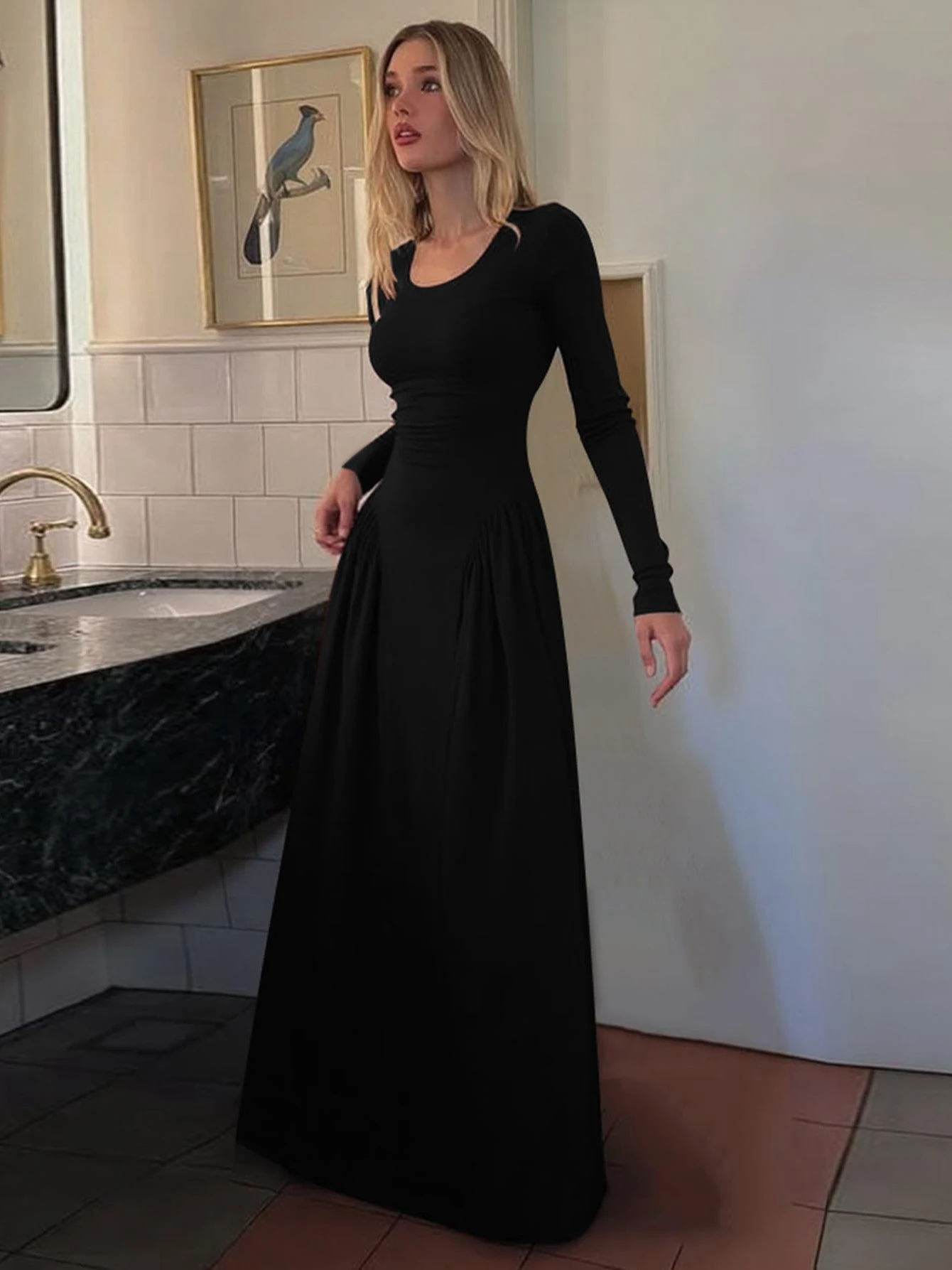 Dulzura الخريف موضة أنيقة U الرقبة طويلة الأكمام الدانتيل يصل الأشرطة مطوي فستان طويل المرأة الصلبة مثير الملابس نادي الحفلات الزي #2