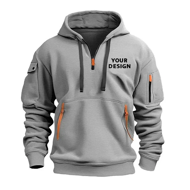 

European style new men's sports zipper arm pocket loose casual sportswear customized with your logo off shoulder hooded jacket p