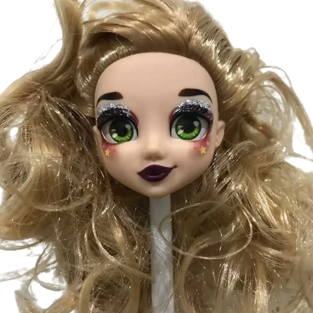 オリジナル人形ヘッドキラキラアライブメガネ目人形パーツ黒紫青ゴールド髪白い肌人形アクセサリー