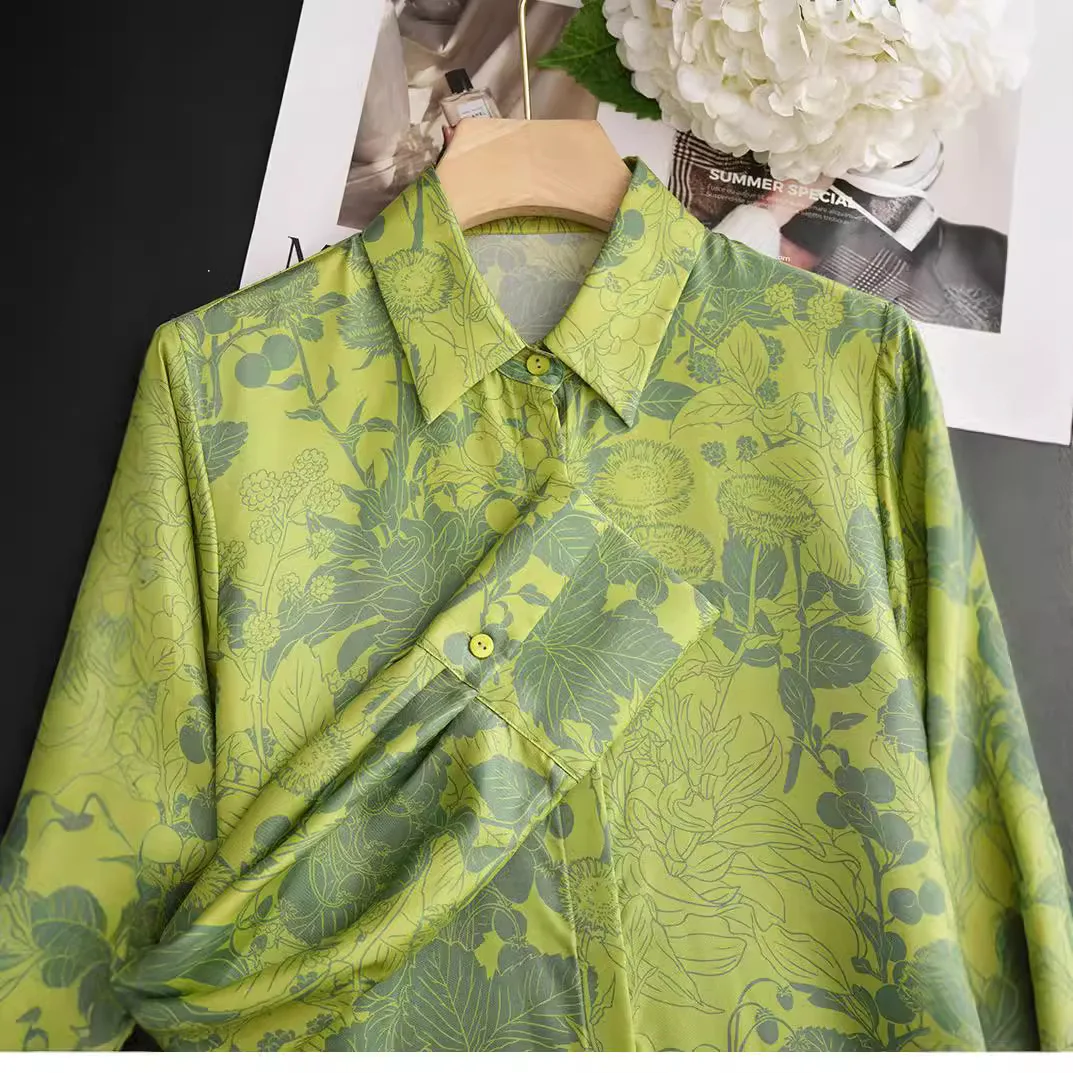 New Long Sleeve Twill Green Print Shirt Tops Women Blouse Fashion