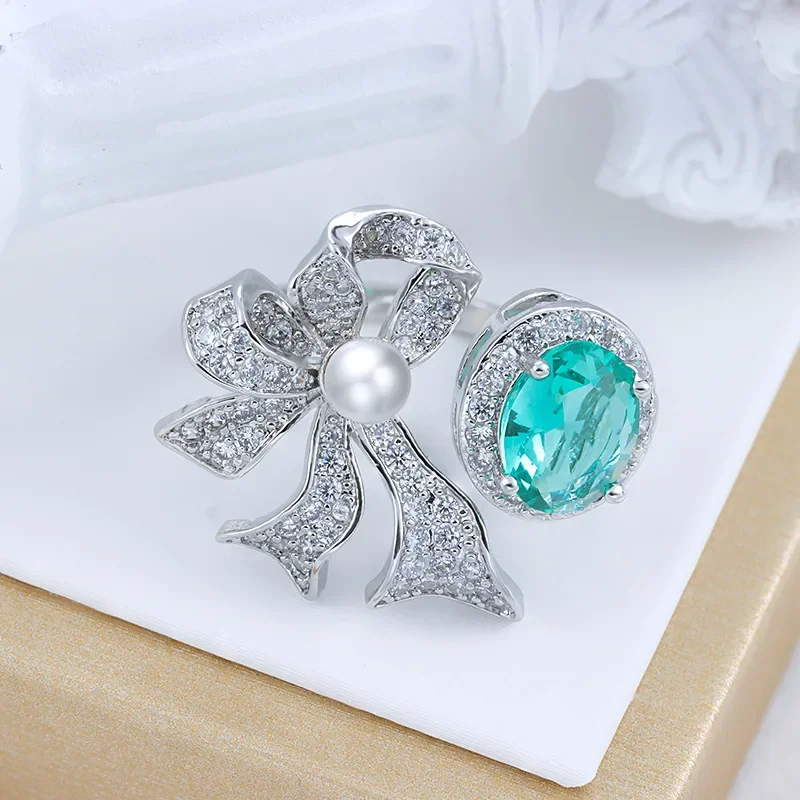 Hoge Kwaliteit Verstelbare Ring Voor Vrouwen 925 Zilveren Mode Boog Parel Ring Set In Imitatie Paraiba Ring Bruids Cadeau