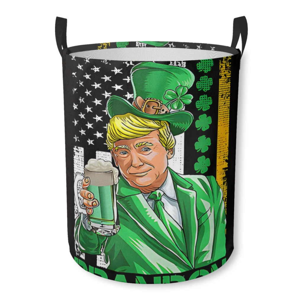 

Household Fabric Dirty Cloth Basket Storage BucketCute Lets Go Brandon St Patricks Day Trump American Flag Shamrock Home