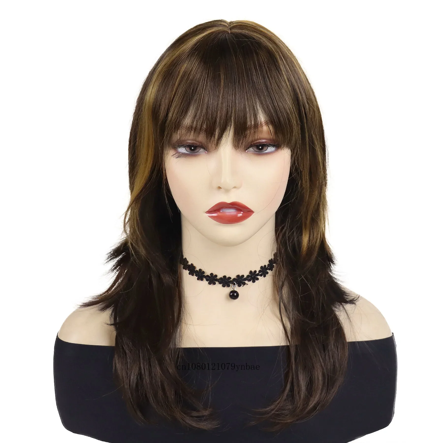 Blonde Mix Brown Synthetic Wigs for Women Girls Highlighted Medium Straight Wig with Bangs Daily Costume Party Heat Resistant