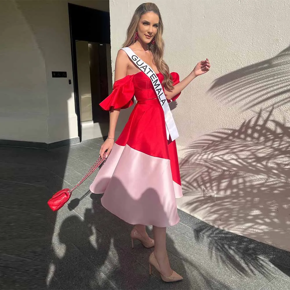 

Contrast Color Women's Cocktail Dresses 2025 Satin A-line Birthday Dress Red and Pink Off-the-shoulder Ruffles Ruched Prom Dress