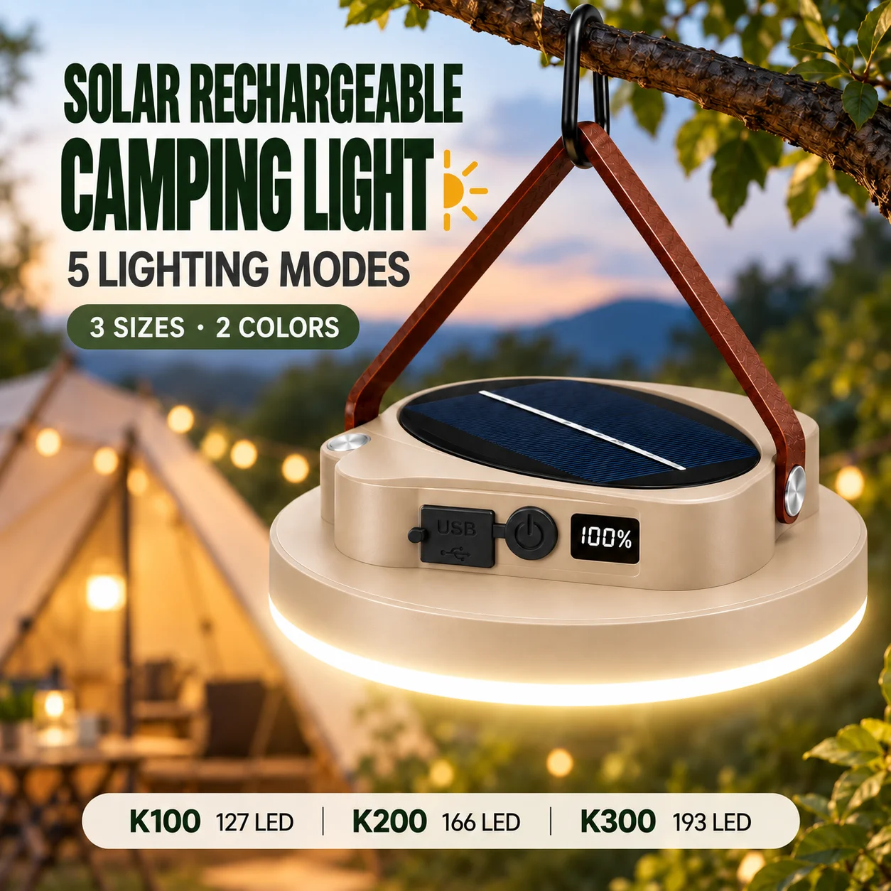 Rechargeable Camping Lantern Solar Assisted 127/166/193 LED 5200/7800/10400mAh 5-Mode Type-C USB Output IPX5 Magnetic Tent Light