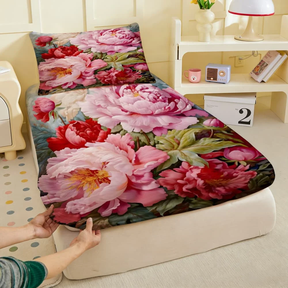 1pc Vibrant Peony Floral Print Fitted Sheet Deep Pocket Elastic Mattress Cover Single Double Queen King Bedroom Decor