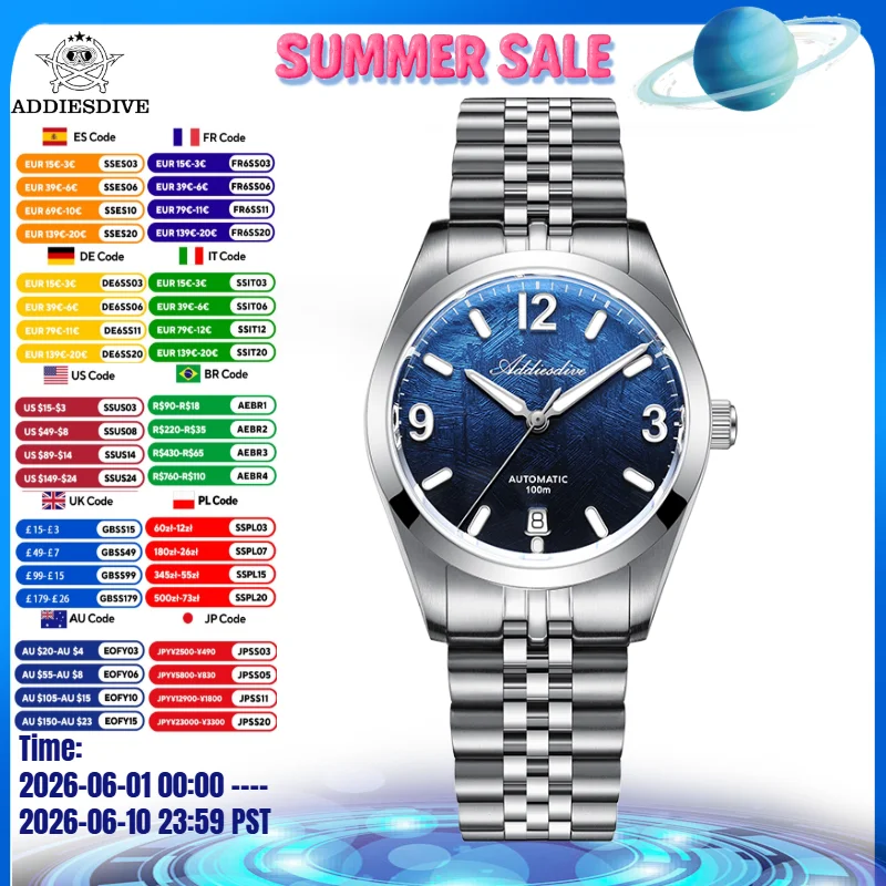 

ADDIESDIVE AD2547 Automatic Mechanical Watch Sapphire Crystal 10Bar Waterproof BGW9 Super Luminous Jubilee Strap Men's Watches
