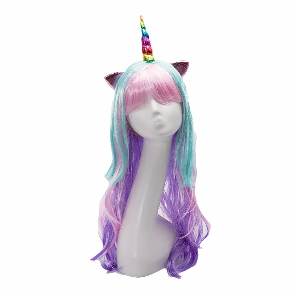 Girls Unicorn Cosplay Hairband Kids Dress UP Wigs Princess Fancy Outfits Accessories Baby Girl Rainbow Braid Synthetic Hair