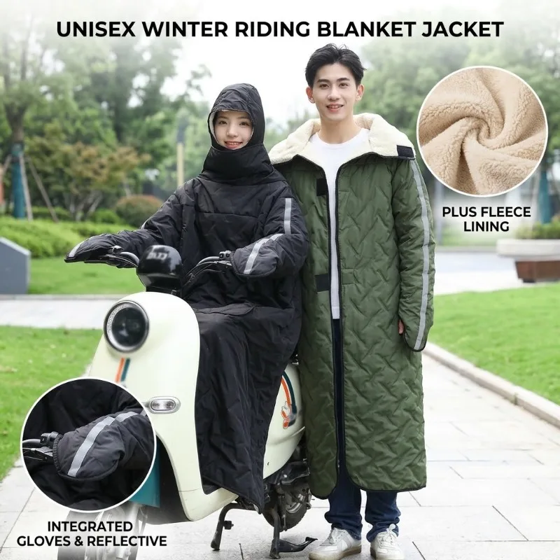 Unisex Winter Motorcycle Scooter Wearable Windproof Cloak Coat Thickened Thermal Fleece Jackets Men Women Ebike Riding Outerwear