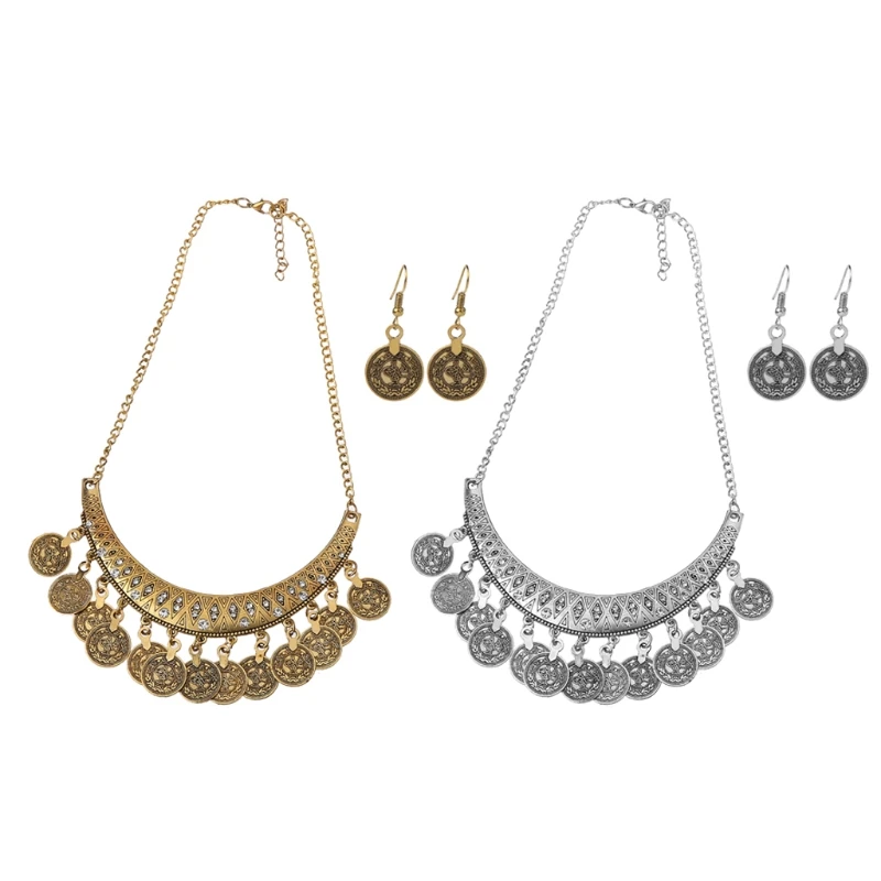 31BB 2pcs Exquisite Silver Metal Clavicle Chain Ethnic Style Coin Necklace Earring Set Gift for Women Teen Girls Daily Wear