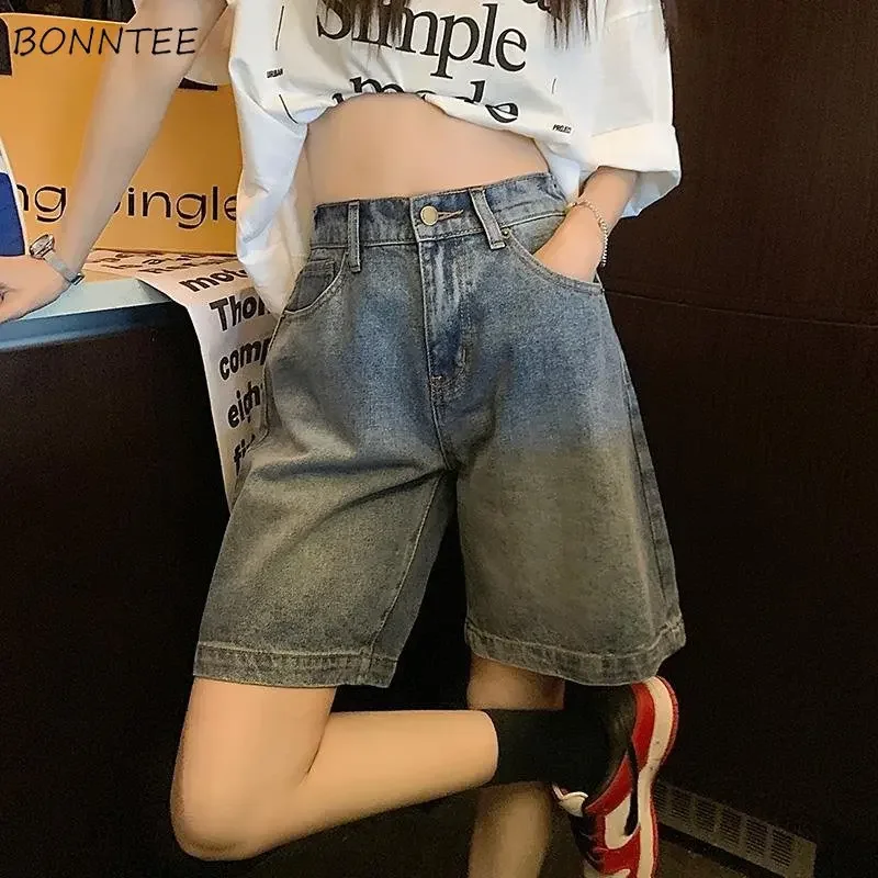 Wide Leg Shorts Women Blue Denim Loose Summer Leisure BF High Waist Vintage Chic Distressed Ulzzang Streetwear College OL Trendy