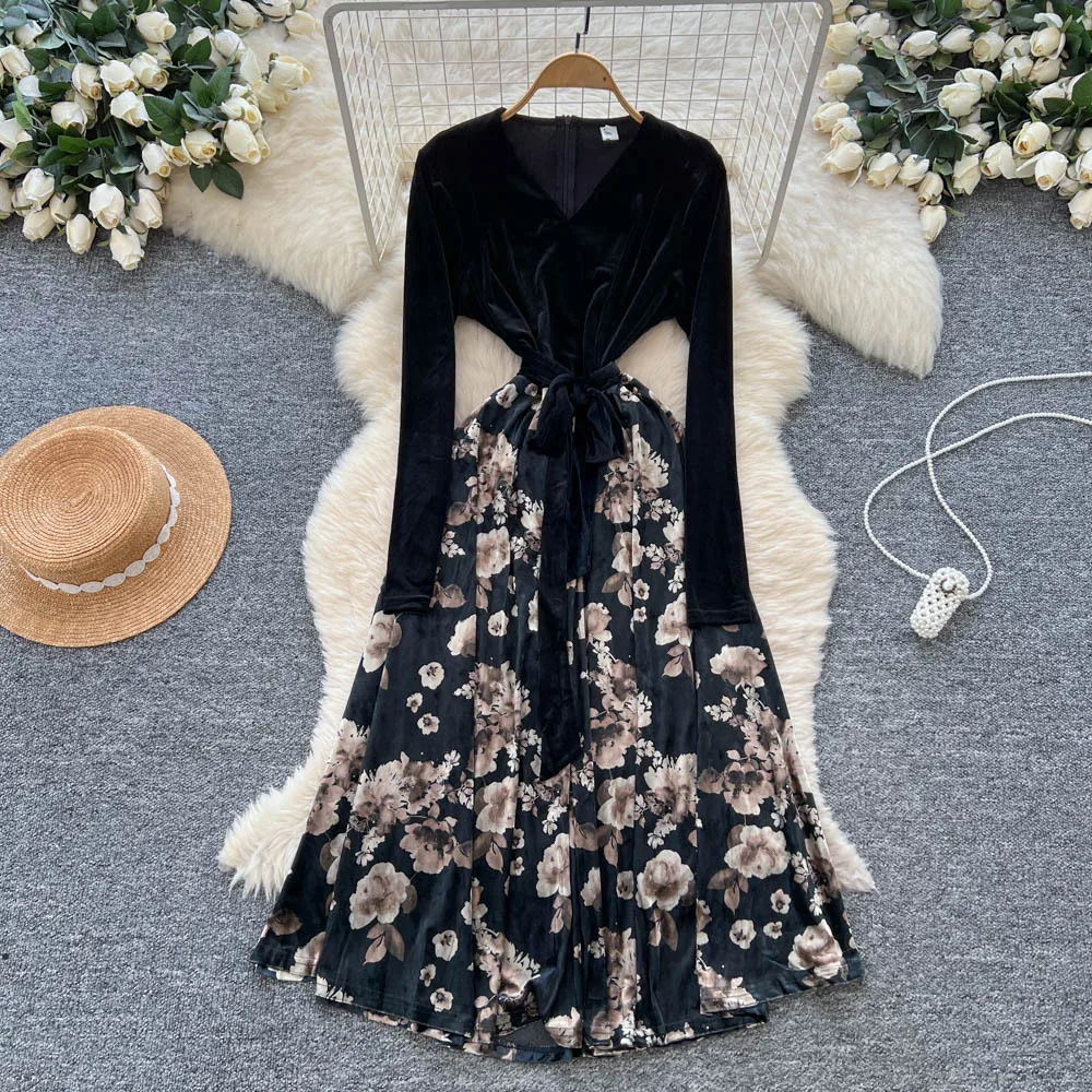 Sukienki patchworkowe damskie, sukienka z rozkloszowanym dołem, wzór w kwiaty, szarfy, linia A, długi rękaw, dekolt pół-V, długość do kostek, zamek błyskawiczny, luźna, elegancka, jesień 2025