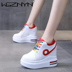 Women's High Heels 2024 Breathable Lace Up Leather Chunky Sneakers Platform Height Increased Shoes 12CM Thick Sole Zapatos Mujer