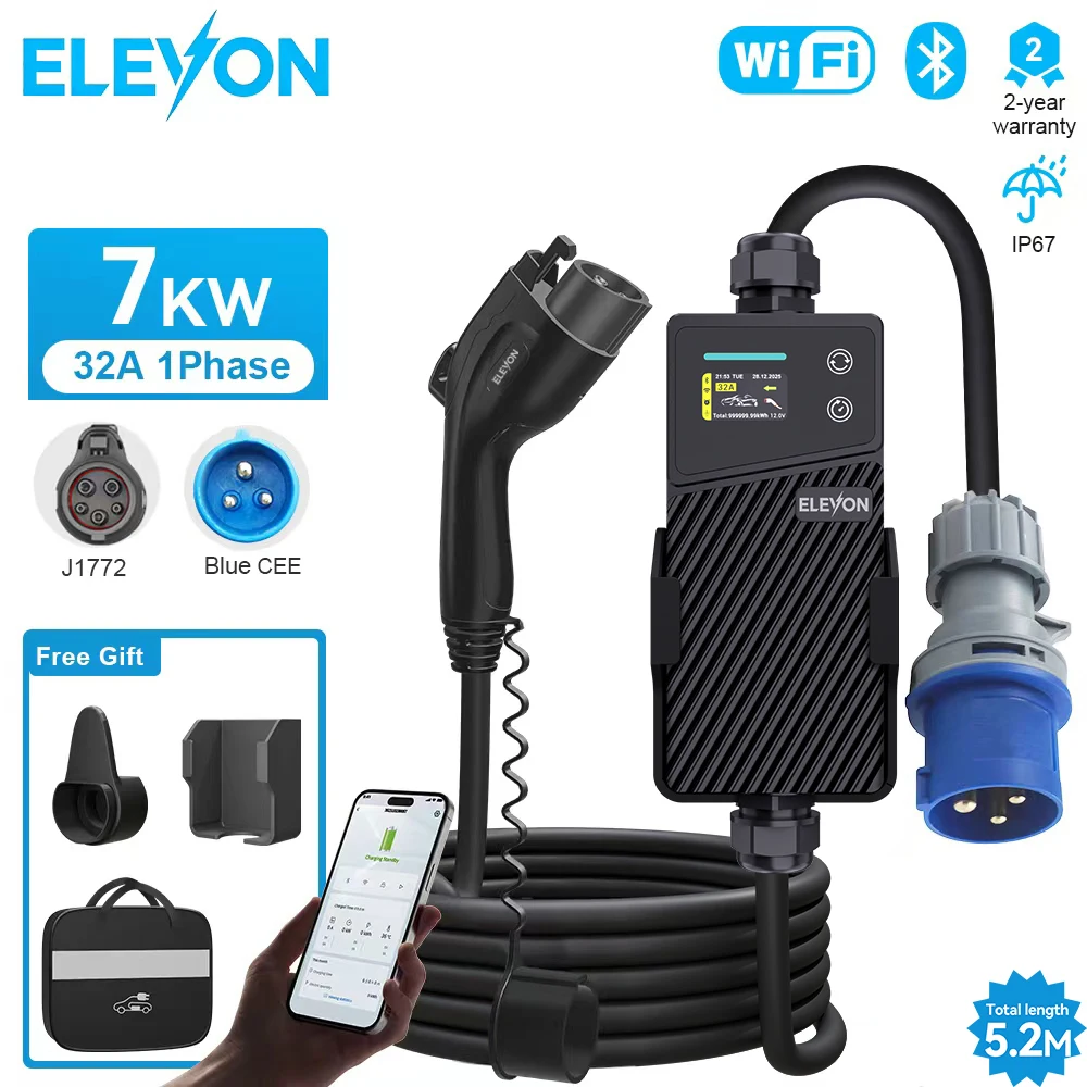 ELEVON 7KW Portable EV Charger Type1 32A 1Phase J1772 Socket with TPU Cable APP WiFi Control for Electric Vehicle