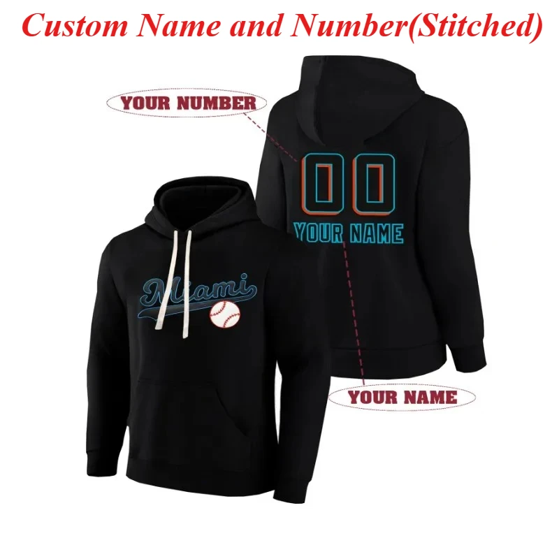 Custom Miami Embroidered Hoodie for Men Women Personalized Name & Number Thick Pullover, Loose Comfortable Casual Sweatshirt