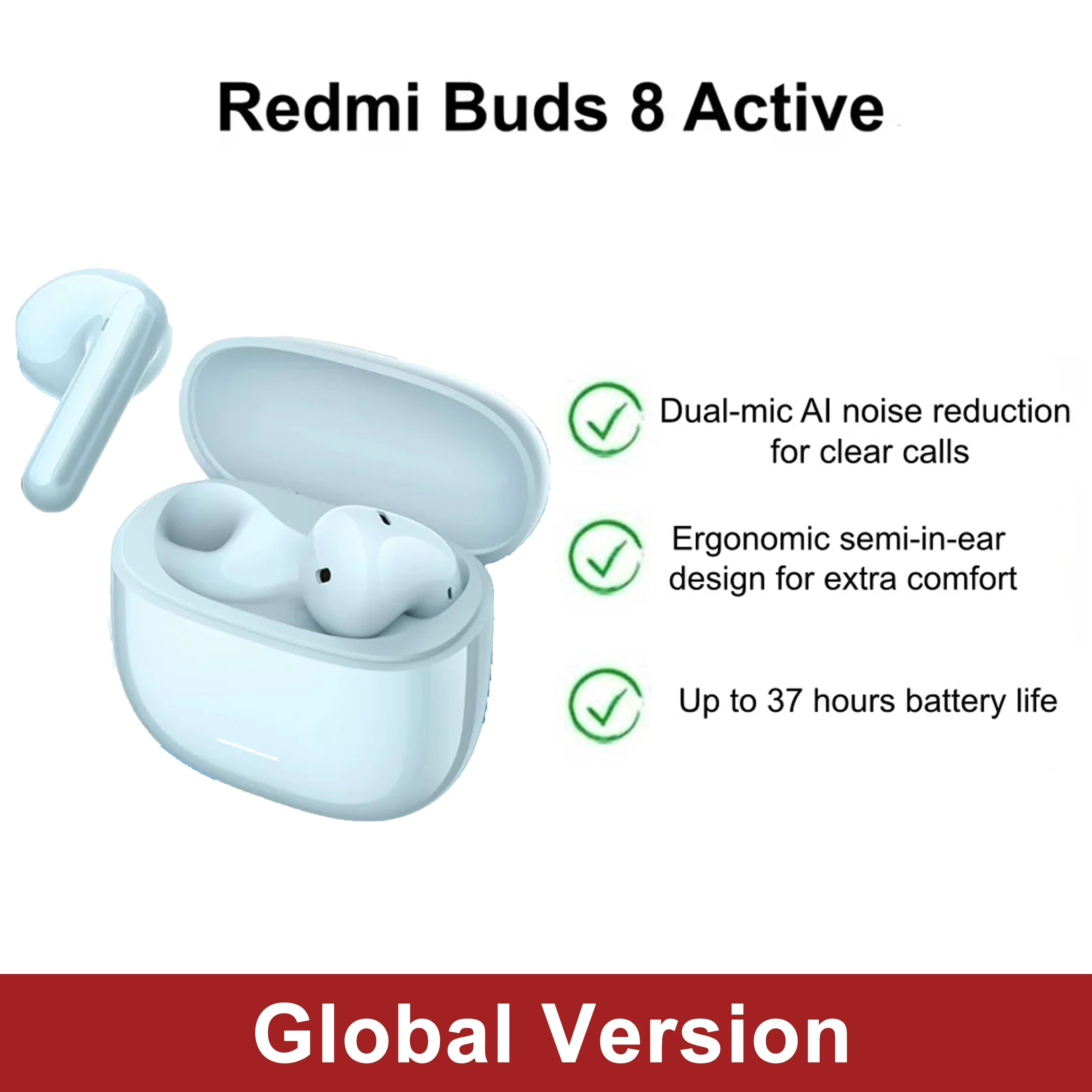 

Global Version Redmi Buds 8 Active Dual-mic AI Noise Reduction for Calls 37 Hours Battery Life 6m/s Wind Noise Cancellation